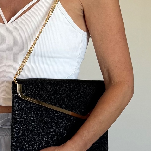 Henri Bendel Leather Clutch Black with Gold Trim and Chain - Picture 8 of 9